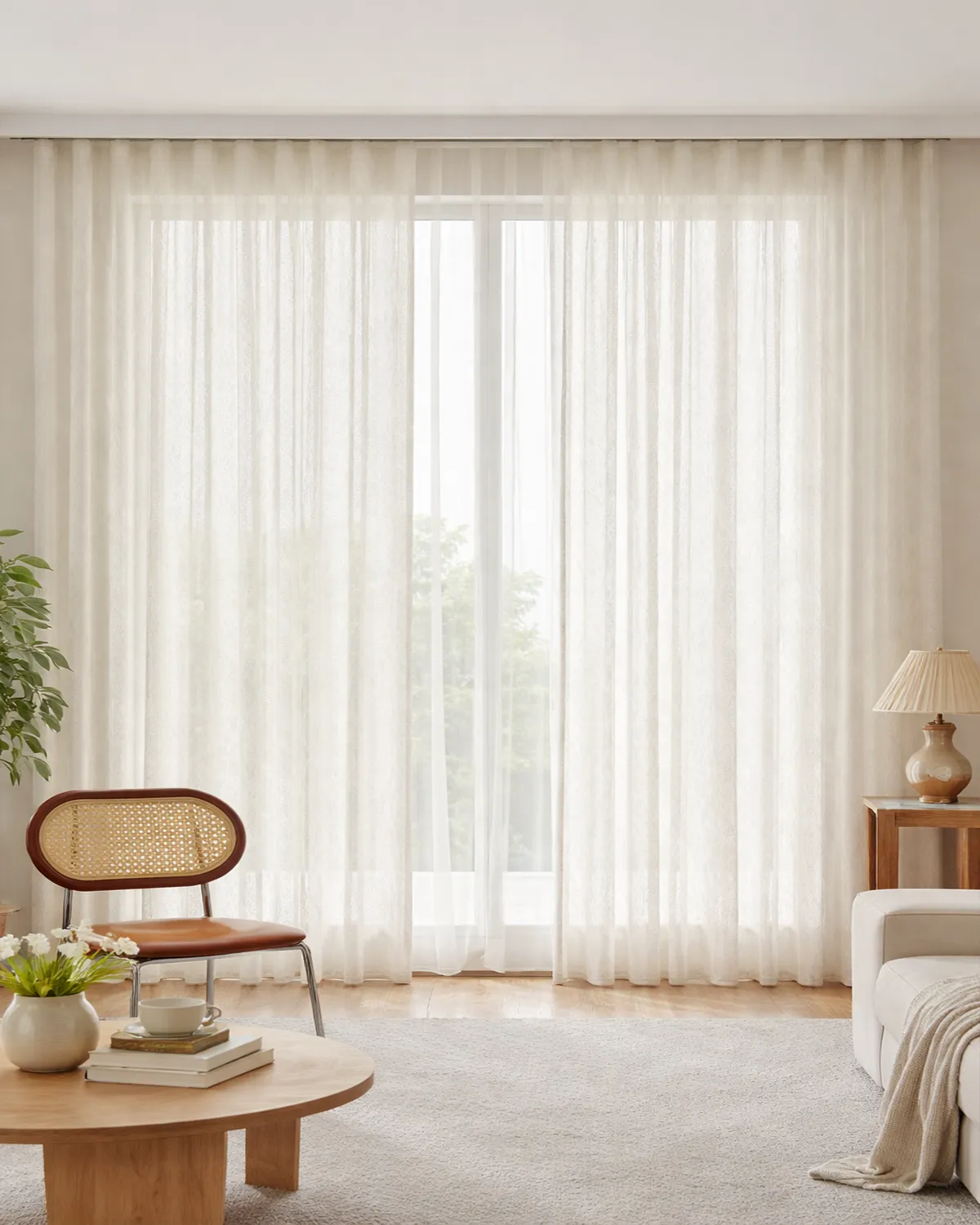 Willow Lace Sheer Curtain in a bright living room with soft light and elegant S-curve drape