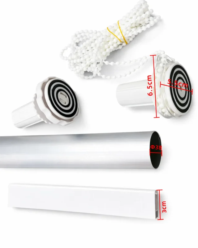 Roller blind no-drill chain-control components on white background