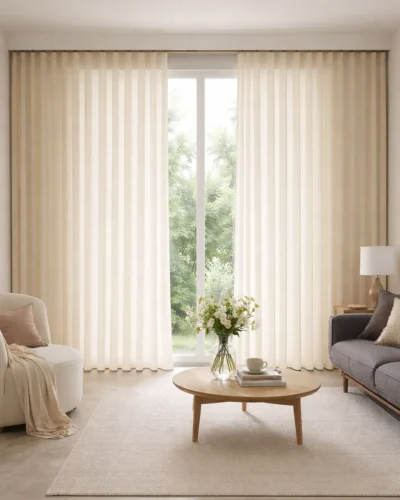Mocha Pinstripe Sheer Curtain in a modern living room with soft natural light and elegant S-curve drape