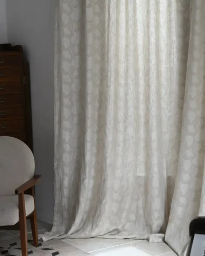 Ginkgo pure linen curtain with natural botanical leaf pattern in a soft modern interior