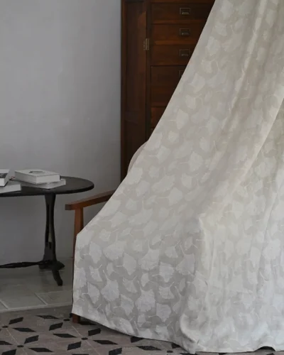 Ginkgo pure linen curtain with natural botanical pattern and soft side drape