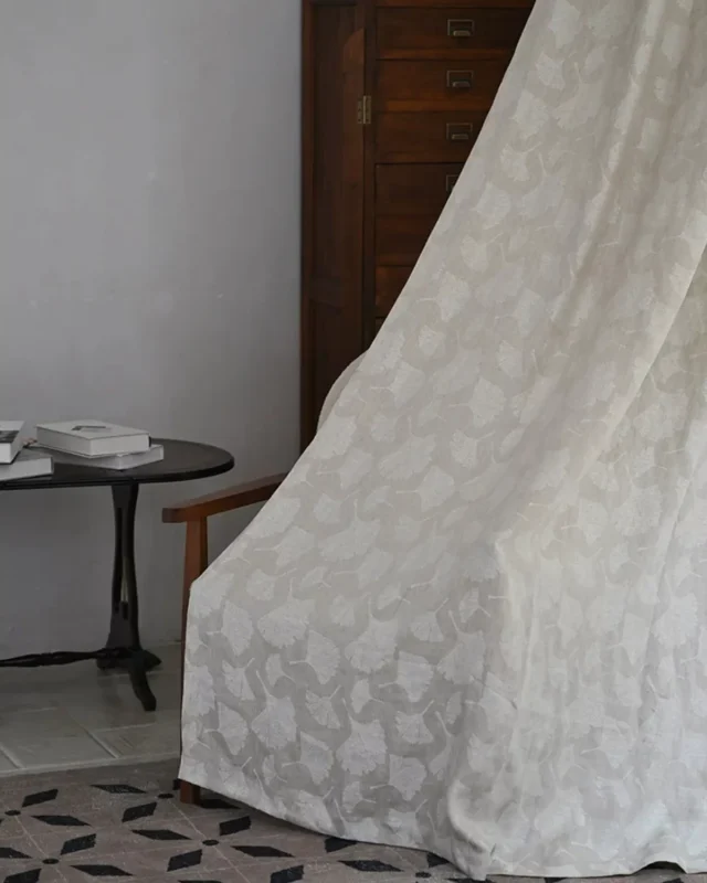 Ginkgo pure linen curtain with natural botanical pattern and soft side drape
