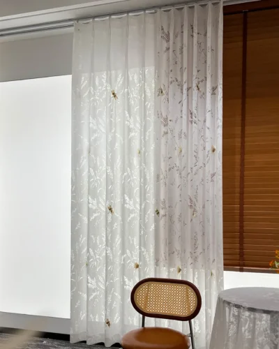 Amber Dragonfly Sheer Curtain with botanical embroidery in soft light-filtering fabric | S-Curve