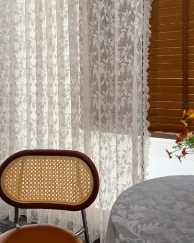 Willow Lace Sheer Curtain style view with soft botanical lace pattern and elegant S-curve drape