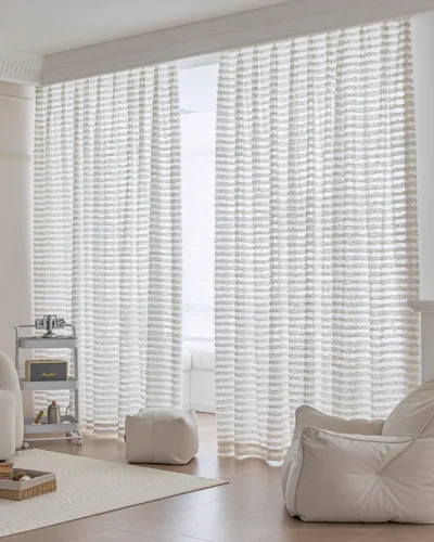Frosted Feather Sheer Curtain in a soft neutral interior with airy light-filtering fabric and elegant S-curve drape