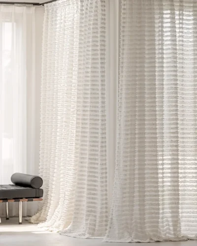 Frosted Feather Sheer Curtain in a soft neutral interior with airy fabric, soft natural light, and S-fold wave drape