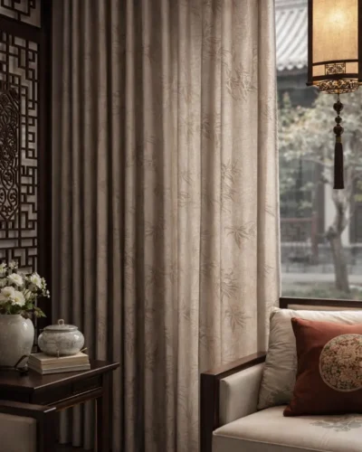 Taupe Bamboo Shadow Curtain in a Chinese-style living room with elegant full-length drape