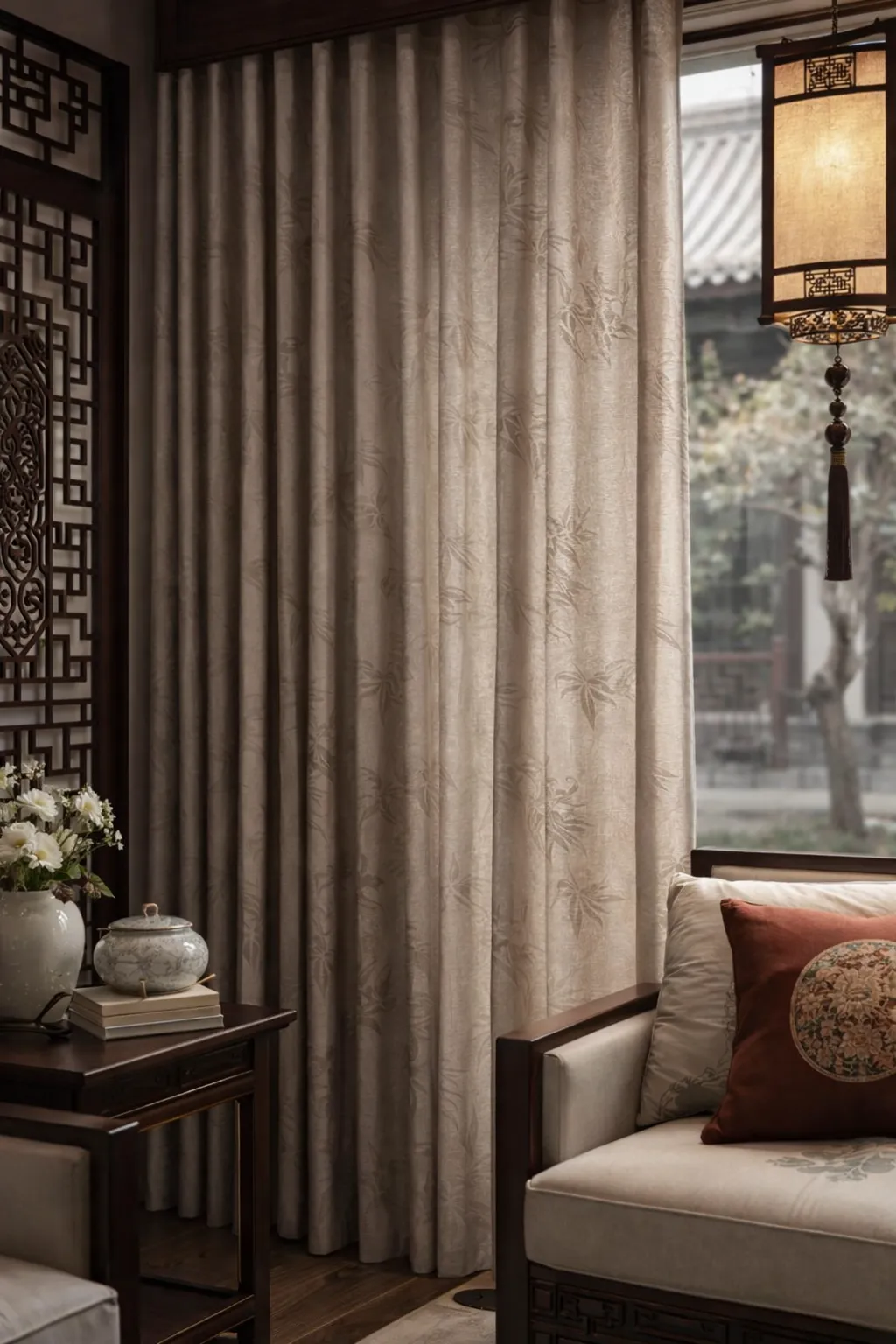 Taupe Bamboo Shadow Curtain in a Chinese-style living room with elegant full-length drape