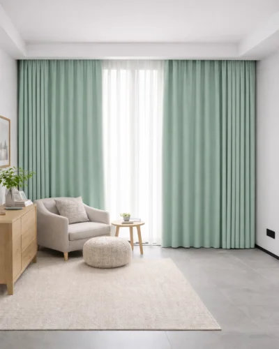 Whisper Weave blackout curtain in soft mint green, creating a serene and airy atmosphere in a minimalist living room