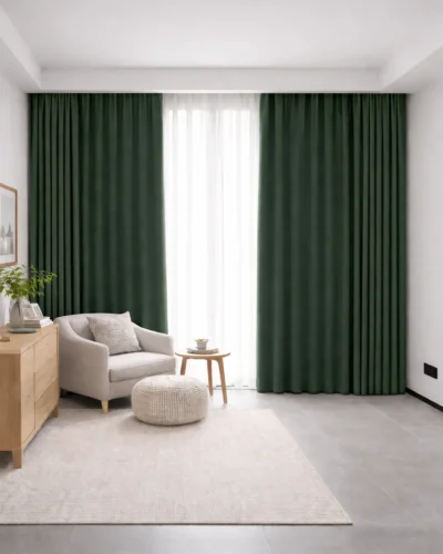 Whisper Weave blackout curtain in deep green, creating a rich and elegant atmosphere in a minimalist living room