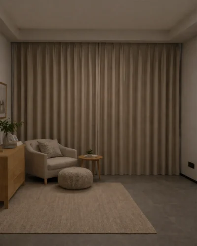 Whisper Weave blackout curtain with a soft texture in a cozy, minimalist room with no light leakage