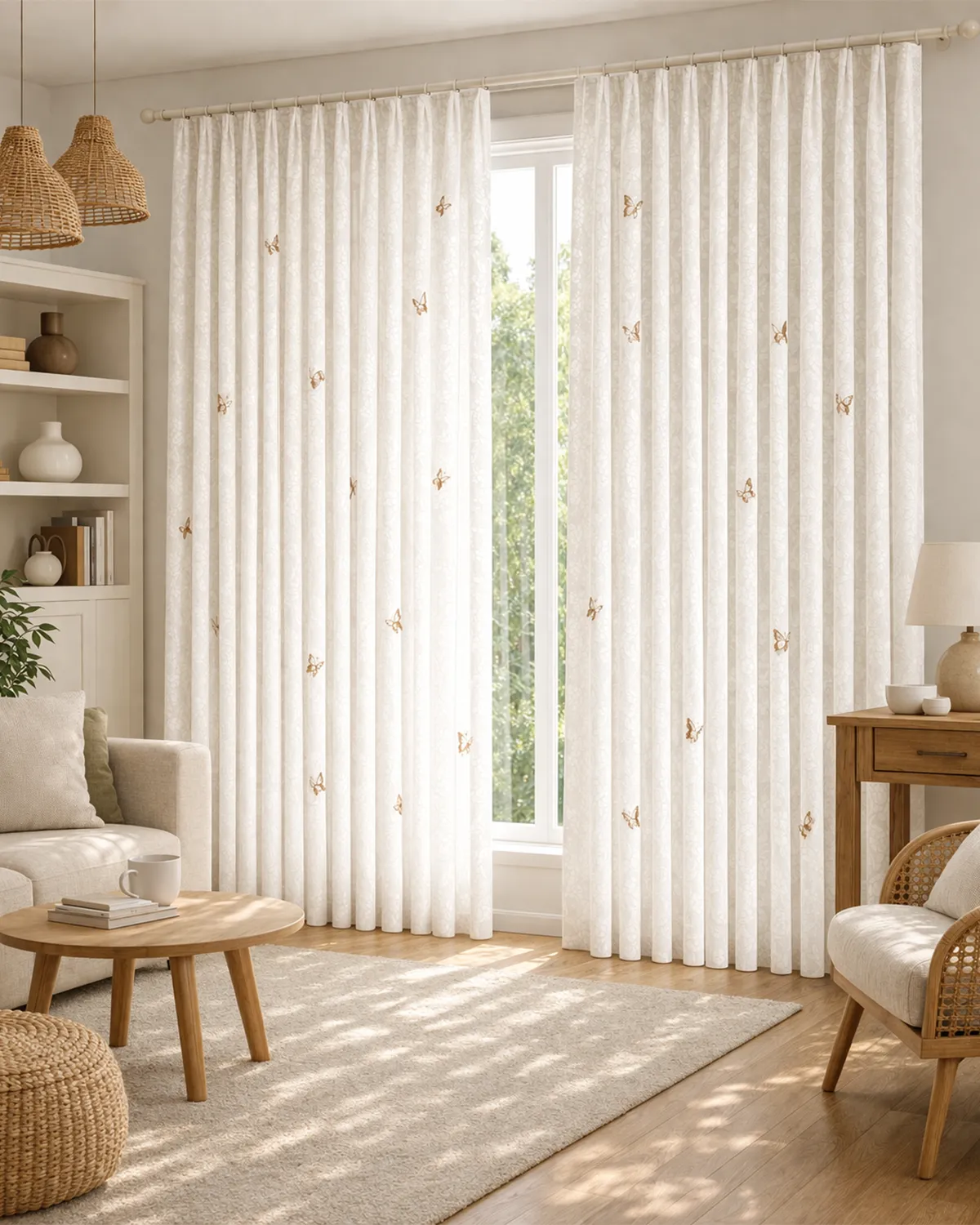 Butterfly Veil Sheer Curtain in S-Curve with soft floral texture and delicate butterfly embroidery