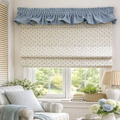 Roman blinds with patterned fabric in a bright living room window setting