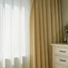 Cotton-rich linen texture curtain in warm beige beside sheer curtain