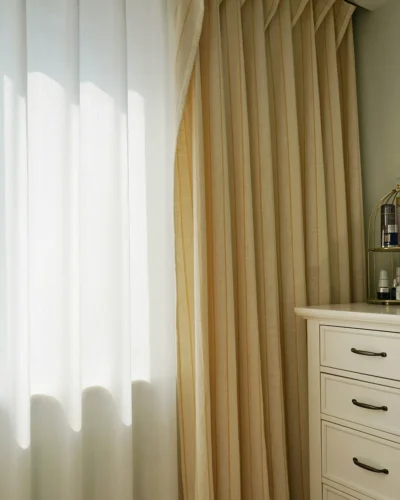 Cotton-rich linen texture curtain in warm beige beside sheer curtain