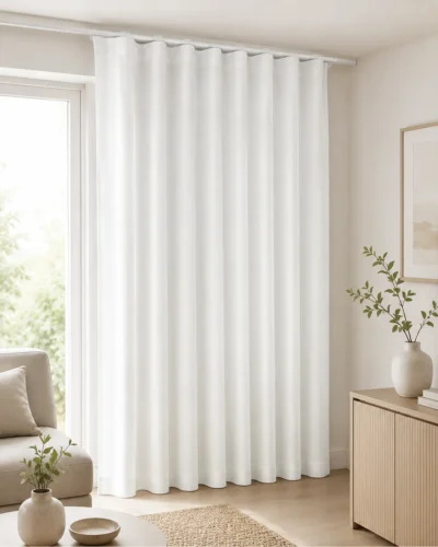 S-Curve curtains price guide showing wave fold curtains in a modern room.
