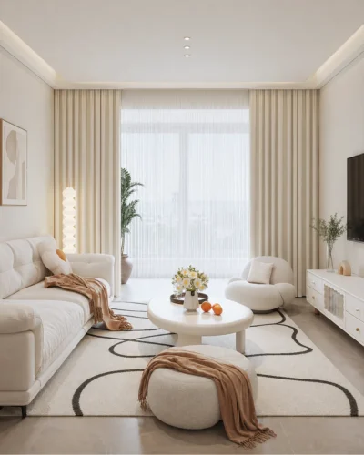 Beige custom curtains in a bright modern living room with soft natural light and layered window styling.Beige custom curtains in a bright modern living room with soft natural light and layered window styling.
