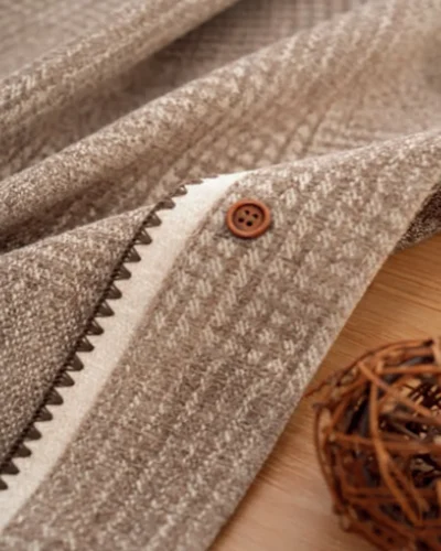 Soft Shade Curtain beige blackout fabric button and edge detail by Lemonho