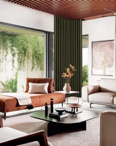 Modern Subtle Pattern Curtain moss green textured drapes in a modern living room by Lemonho