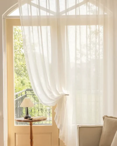 Soft linen texture sheer curtain in white natural weave fabric with light filtering effect for living room window