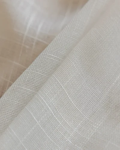 Soft linen texture sheer curtain fabric with white natural weave and close-up woven detail