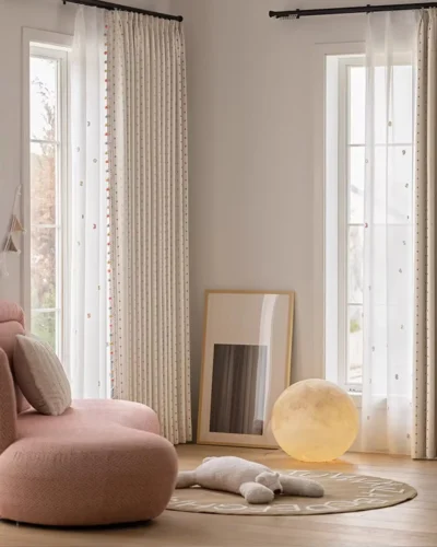Star Stitch Blackout Curtain embroidered drapes in a soft modern room by Lemonho
