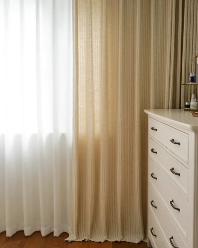 Luna Weave Curtain textured cotton-linen drapes in a bedroom by Lemonho