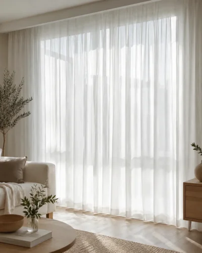 soft white linen texture sheer curtain with natural weave drapes in a bright modern home interior